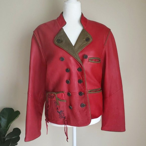 Leather Sound LS Red Leather Jacket Green Accents Sz 38 Vintage 80s - Picture 1 of 12